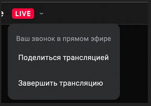 Команда для завершения трансляции звонка в приложении VK Звонки