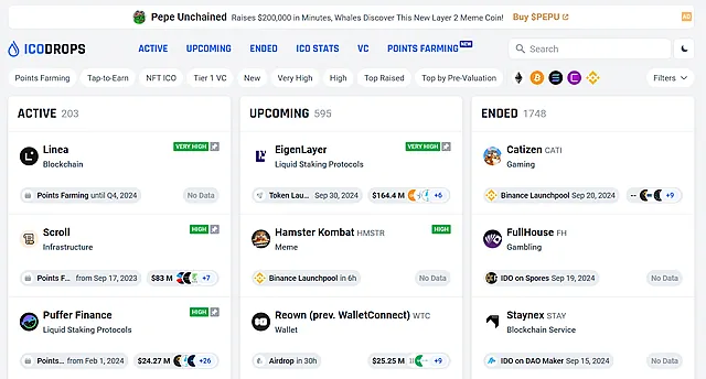 Календарь ICO Drops для отслеживания публикации токенов