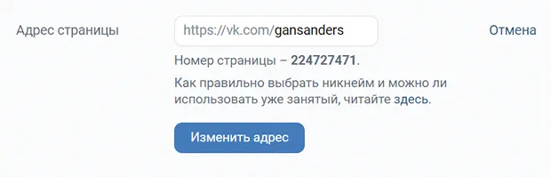 Пример адреса страницы в настройка профиля ВК