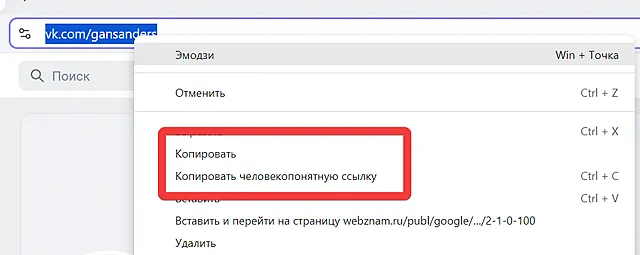 Копирование адреса профиля ВК через адресную строку браузера