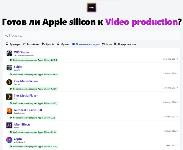 Страница проверки совместимости приложения с Apple Silicon