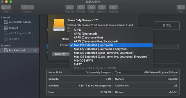 Список параметров файловой системы доступных в приложении Mac Disk Utility