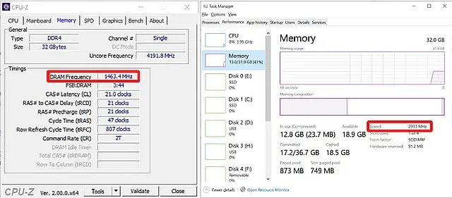 Скорость оперативной памяти показанная в CPU-Z и диспетчере задач