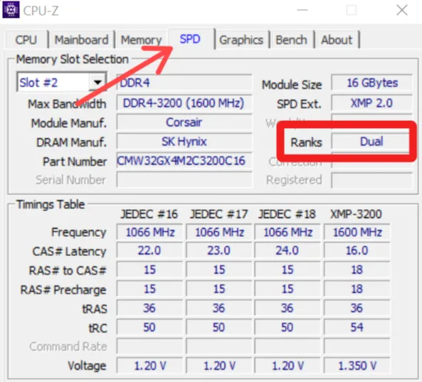 Проверка ранга памяти с помощью CPU-Z
