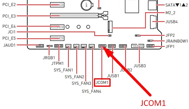 Схема расположения коннектора JCOM1 на материнской плате