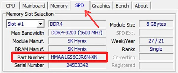 Скриншот RAM Part Number из приложения CPU-Z