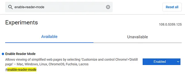 Активация режима чтения в браузере Google Chrome