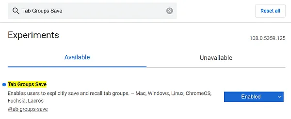 Включение возможности сохранять группу вкладок в браузере Google Chrome