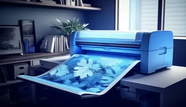 принтер формата A3 печатает красочную фотографию в синем оттенке