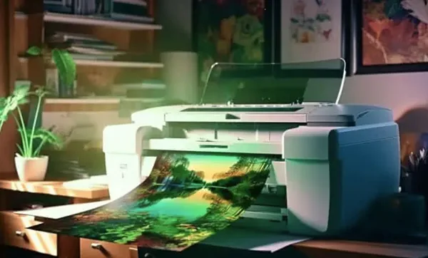 принтер распечатывает красочное изображение зеленоватого оттенка