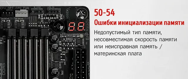 Индикатор Gigabyte с кодом 50-54 – ошибка памяти