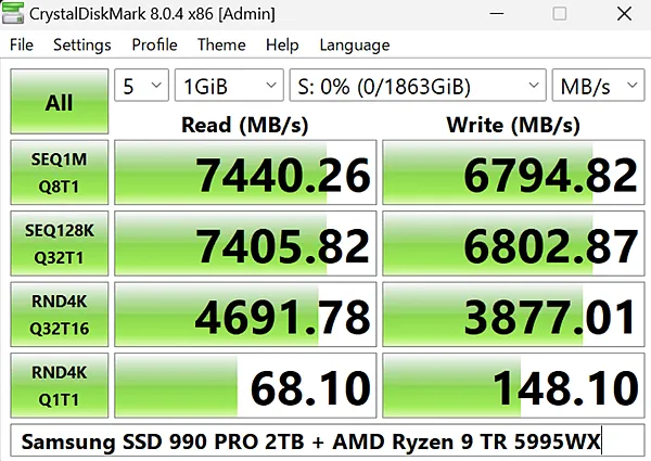 Тест производительности чтения и записи на диске SSD с помощью CrystalDiskMark
