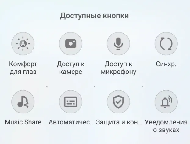 Экран доступных быстрых настроек для устройства Android