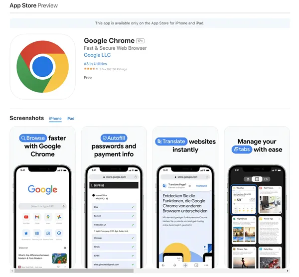 Страница загрузки браузера Google Chrome для iOS