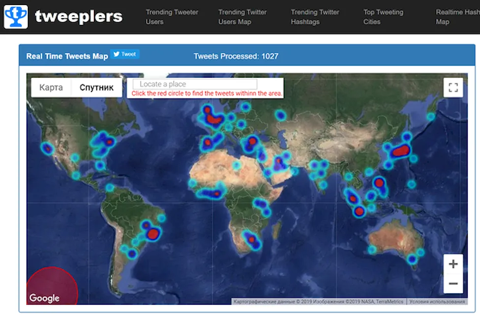 Карта активности публикаций в Twitter