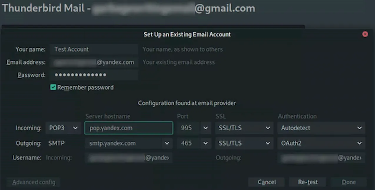 Пример настройки почтового клиента для подключения к Яндексе почте по протоколу POP3