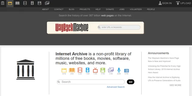 Скриншот главной страницы архива Интернета