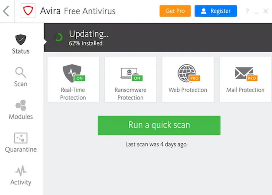 Рабочее окно бесплатного Avira Antivirus