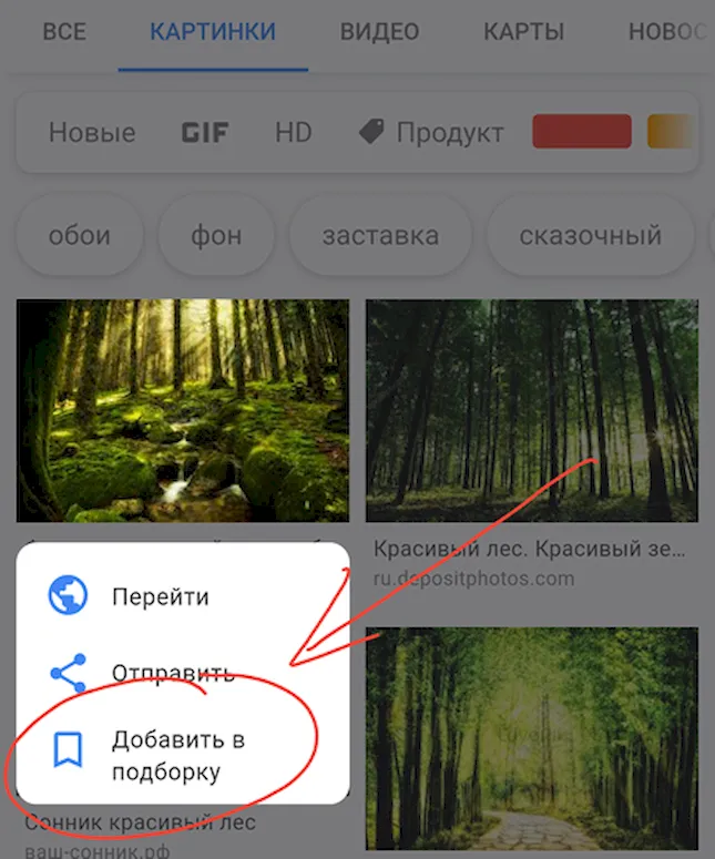 Добавление изображения из поиска в подборку на Android