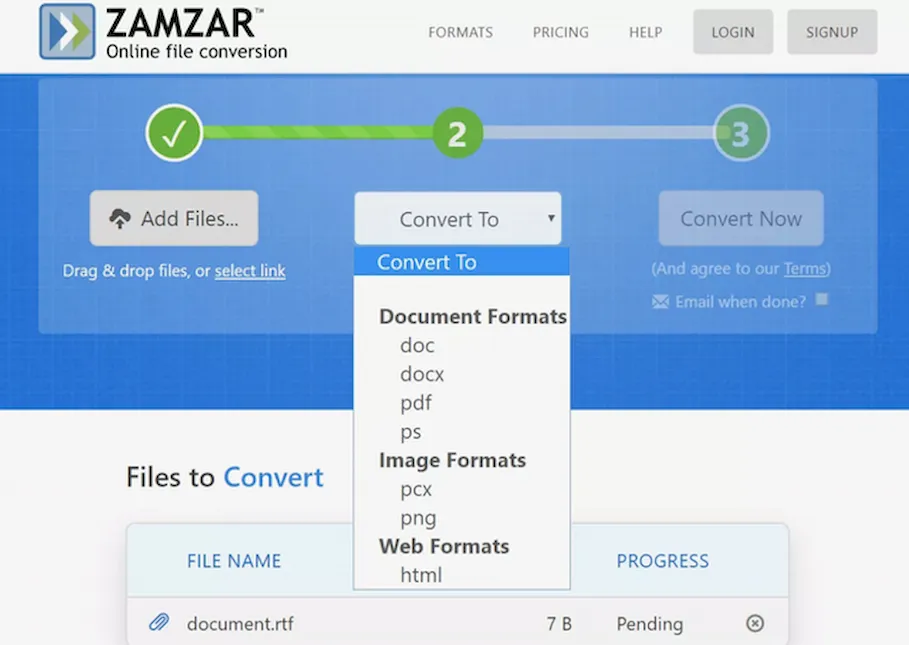 Конвертация файла RTF в другие форматы с помощью сервиса Zamzar