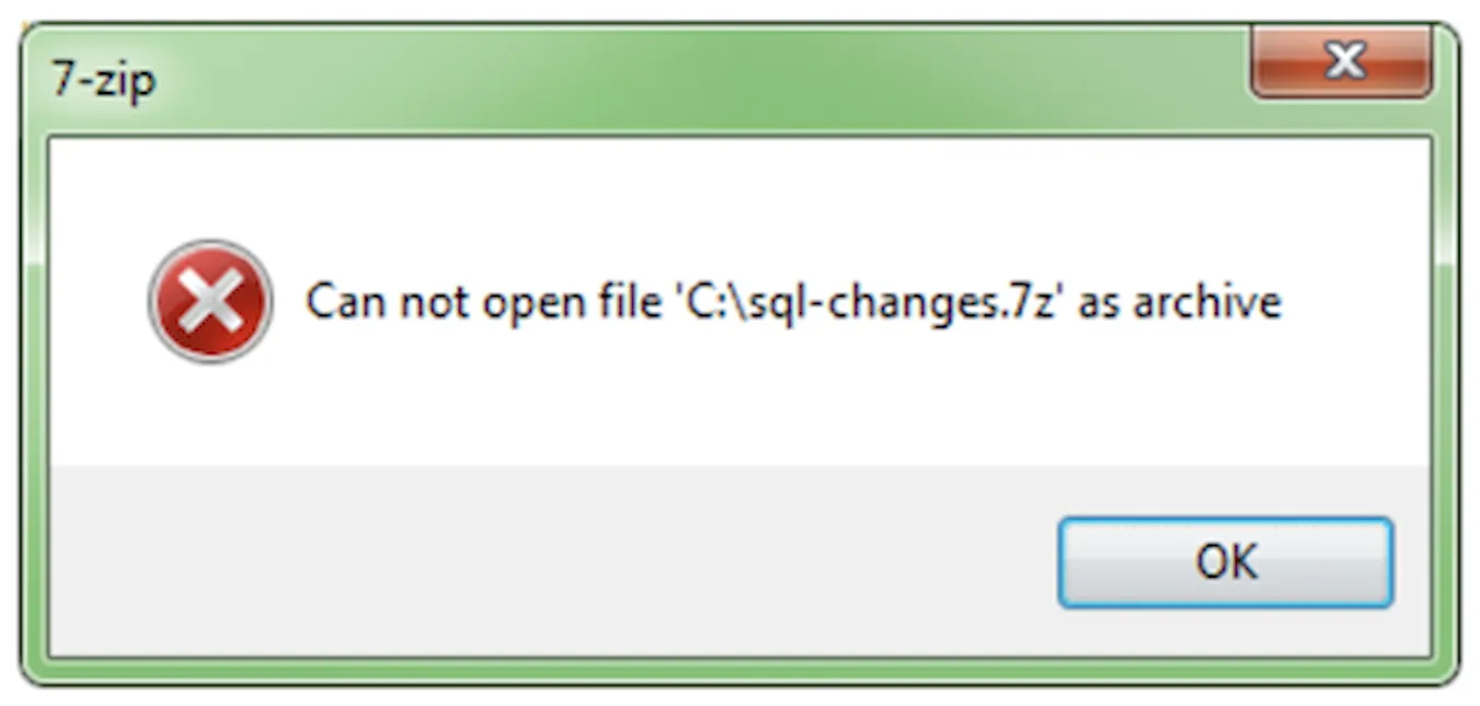 Сообщение об ошибке при попытке открыть файл формата 7z