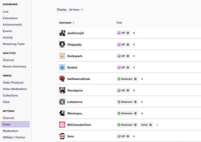 Пример списка пользователей с ролями на канале Twitch