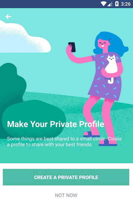 Кнопка для создания второго приватного профиля на Facebook