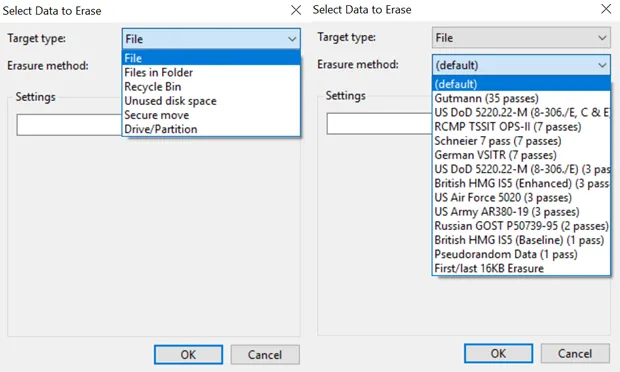 Выбор типа удаления файла в Eraser