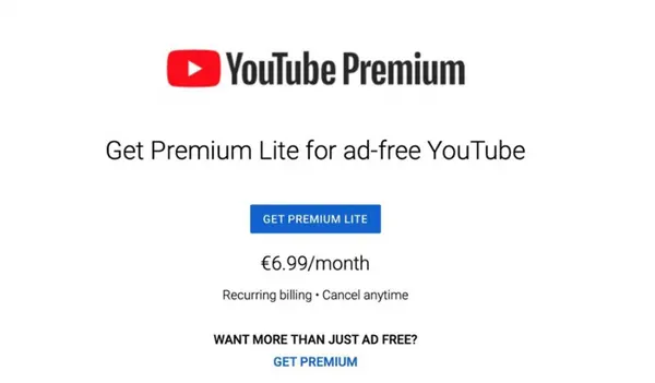 Предложение от YouTube перейти на Premium Lite
