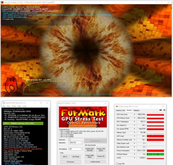 Экран выполнения стресс-теста FurMark для видеокарты