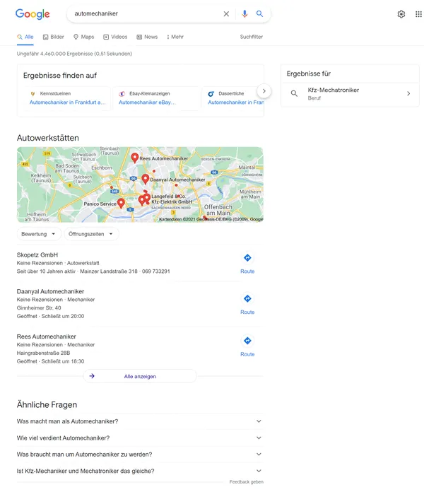 Результат поиска автомеханика в Google