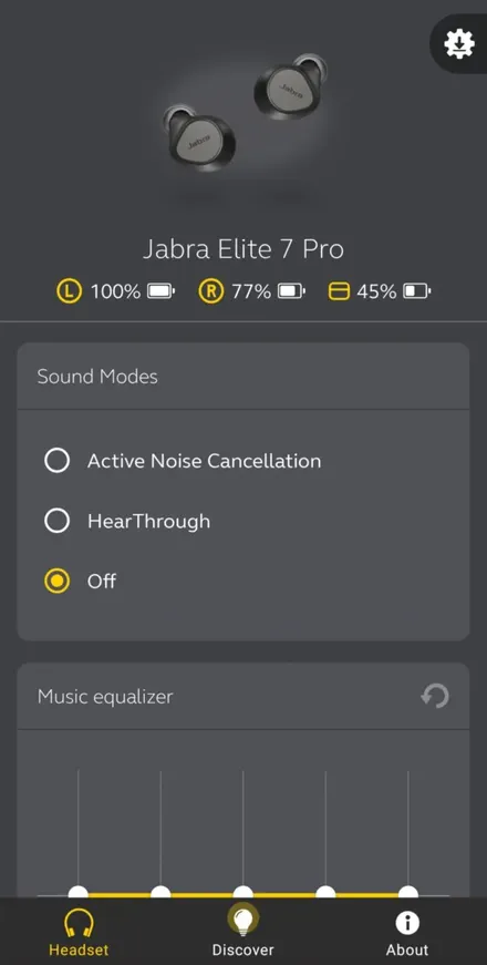Главный экран приложения для управления наушниками Jabra Elite 7 Pro