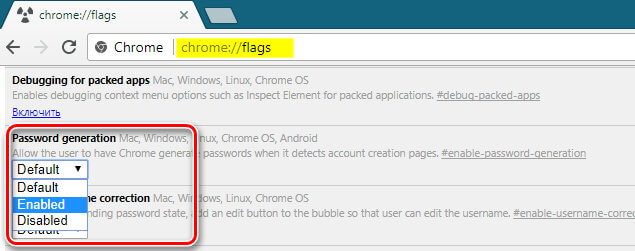 Включение генератора паролей в браузере Google Chrome