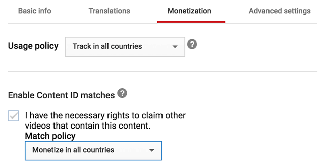 установка правил монетизации в контент менеджере YouTube