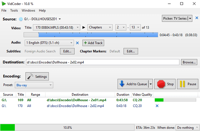 Рабочее окно конвертера файлов VidCoder